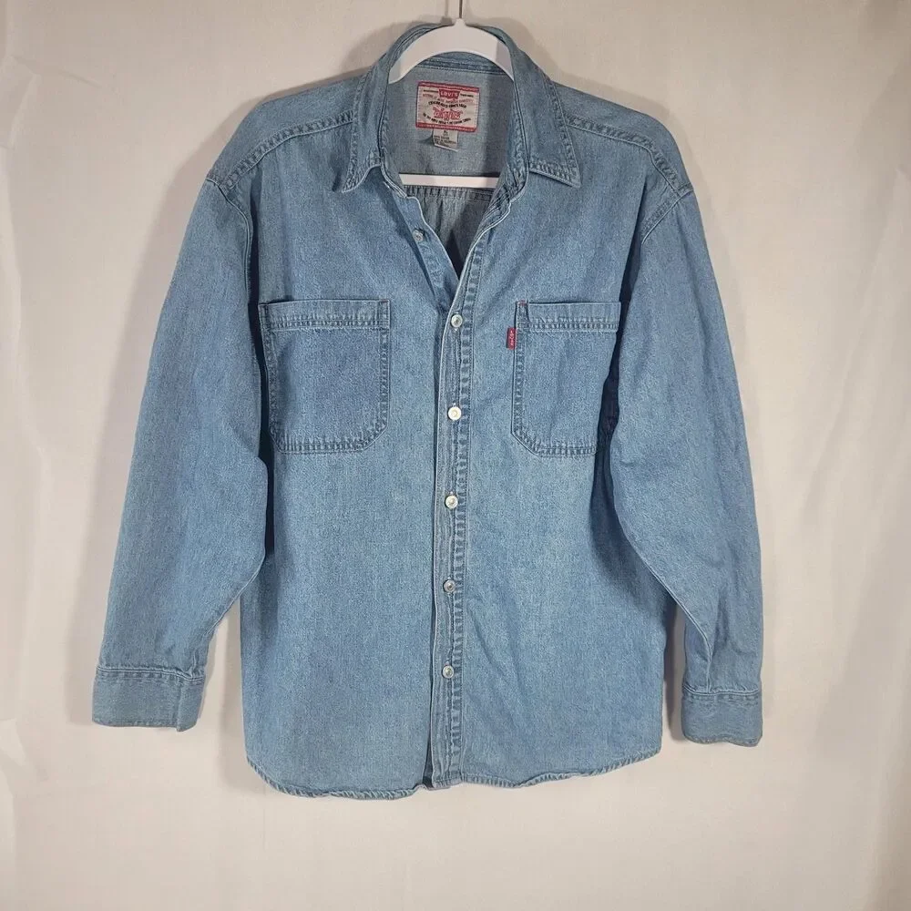 VTG Levi’s Youth XL 20 Denim Shirt Boys Red Tab Blue Cotton Button Up Distressed
